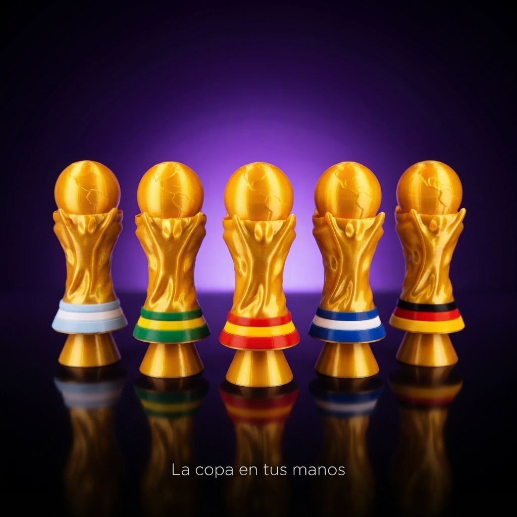 Clickers de trofeo Copa Mundial dorados con bandas de selecciones, fondo morado con frase La copa en tus manos