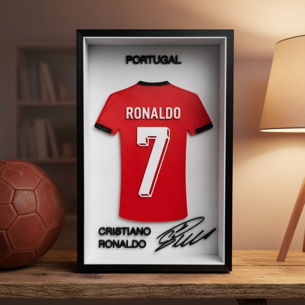 Marco de camiseta Ronaldo en repisa de pieza de hincha junto a un balón