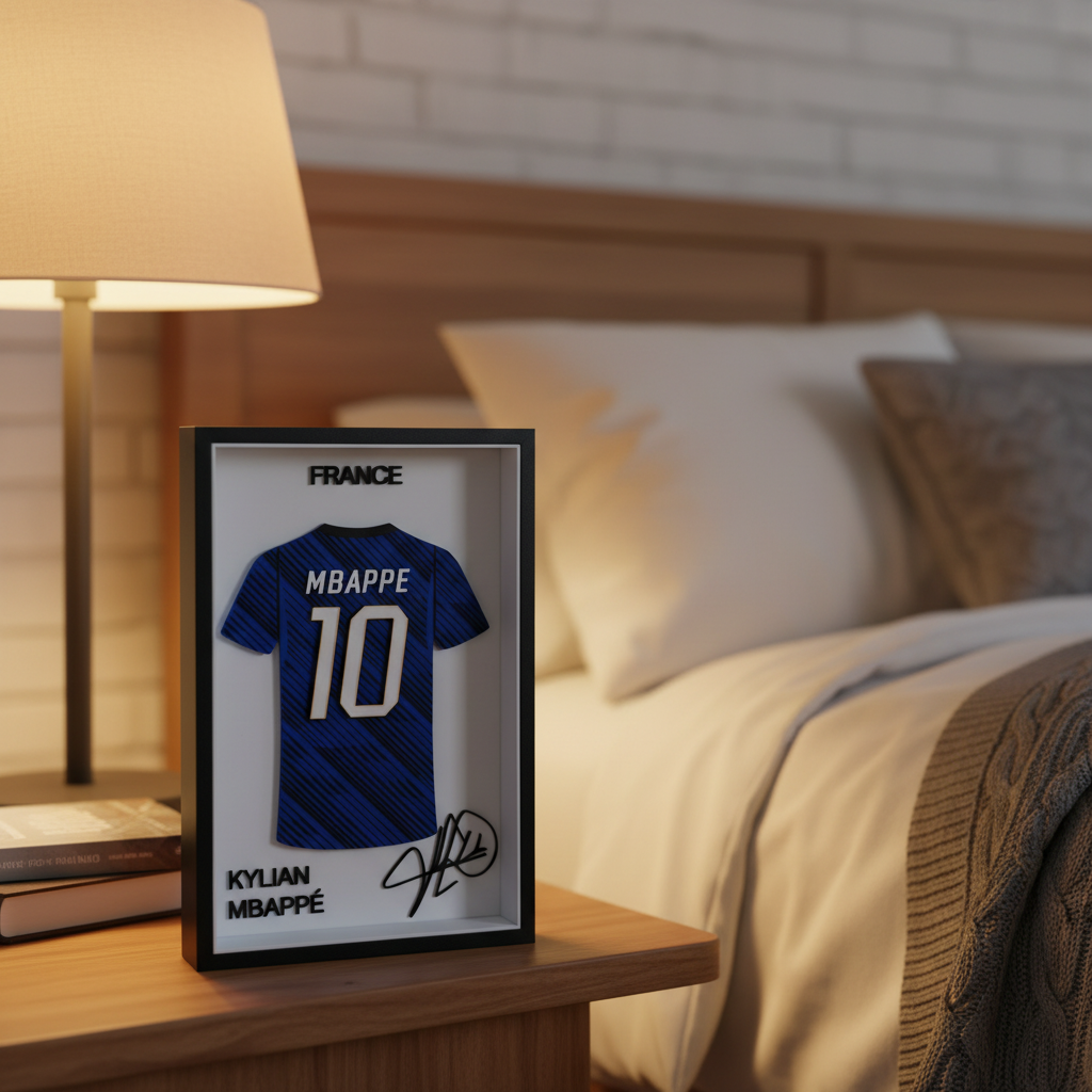 Marco de camiseta Mbappé en velador de pieza de hincha