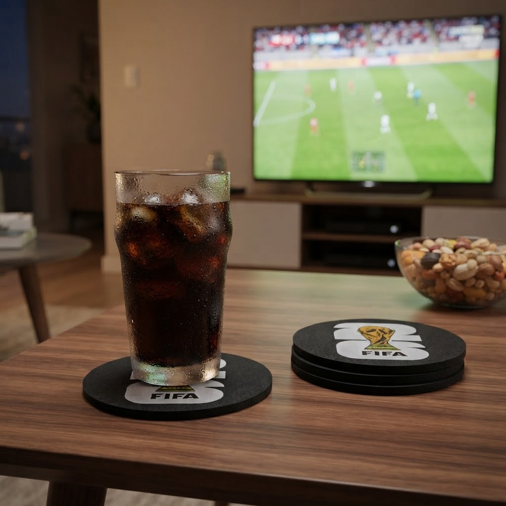 Posavasos Mundial 2026 en uso viendo el partido