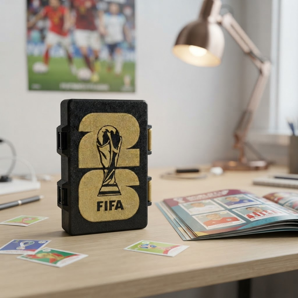 Porta Láminas Mundial en escritorio junto al álbum Panini