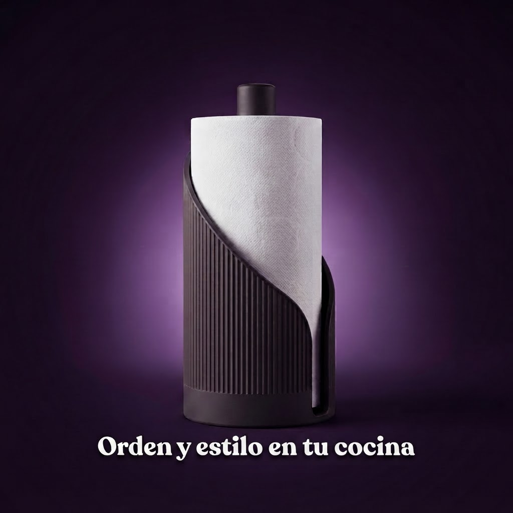 Portarrollos Japandi, fondo morado con frase Orden y estilo en tu cocina