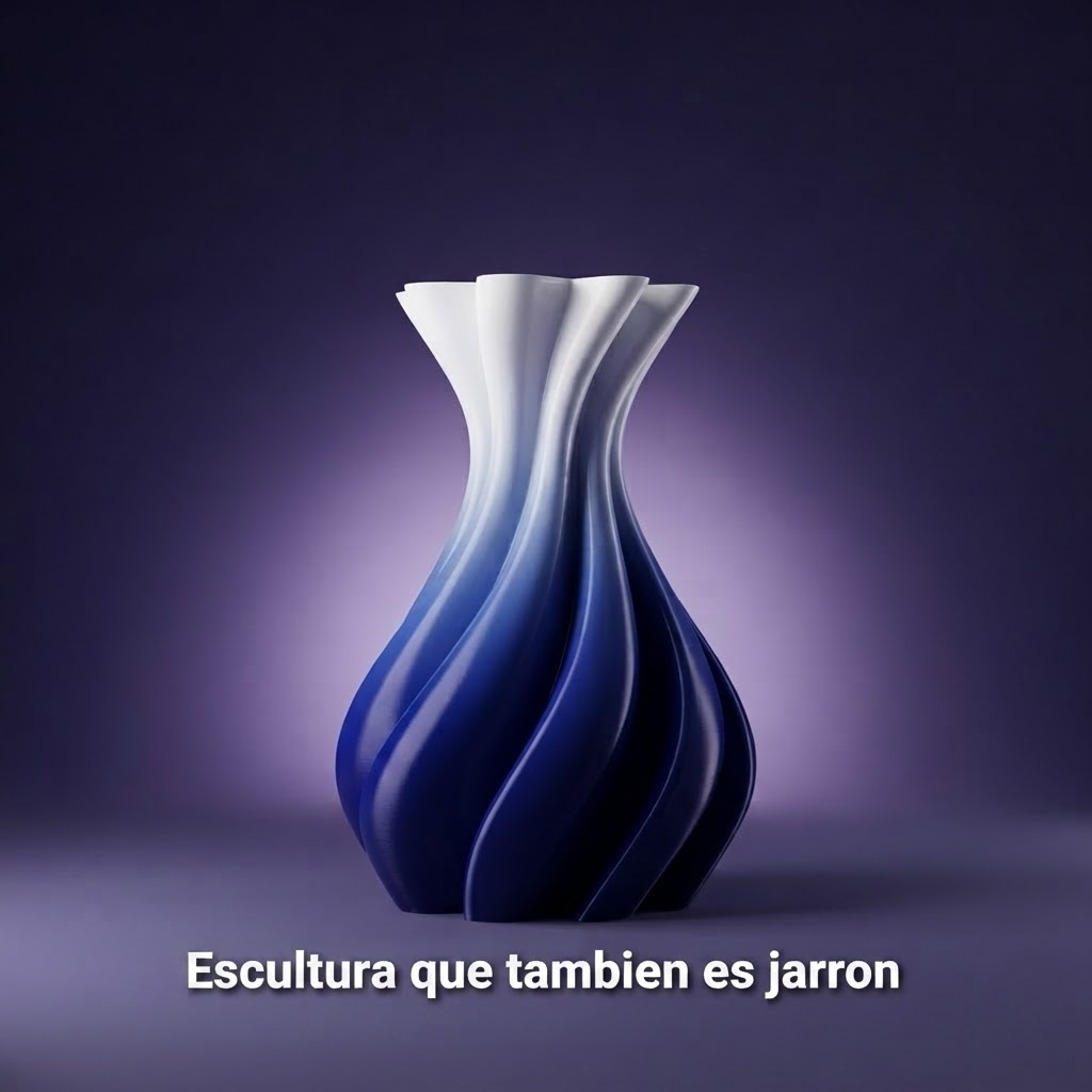 Jarron Lyra, fondo morado con frase Escultura que tambien es jarron