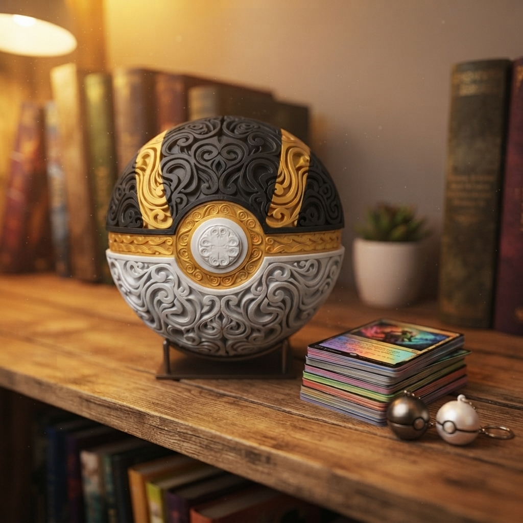 Ultra Ball decorativa en repisa de coleccionista junto a cartas y llaveros