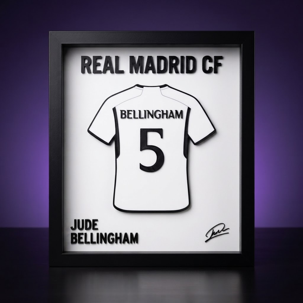 Cuadro camiseta Jude Bellingham Real Madrid, foto de estudio fondo morado