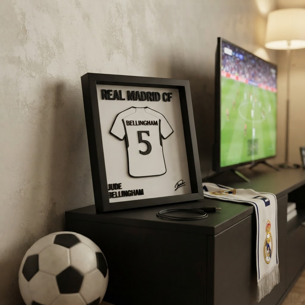 Cuadro camiseta Bellingham apoyado en el mueble del living junto a una bufanda del Real Madrid