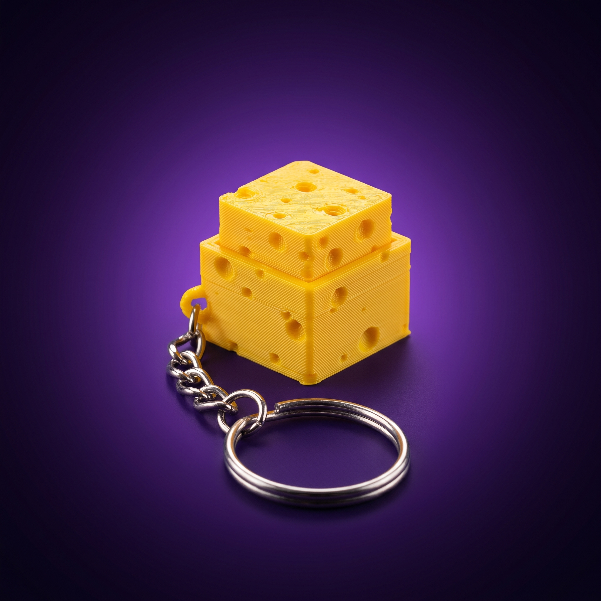Llavero fidget de queso clicker, foto de estudio fondo morado