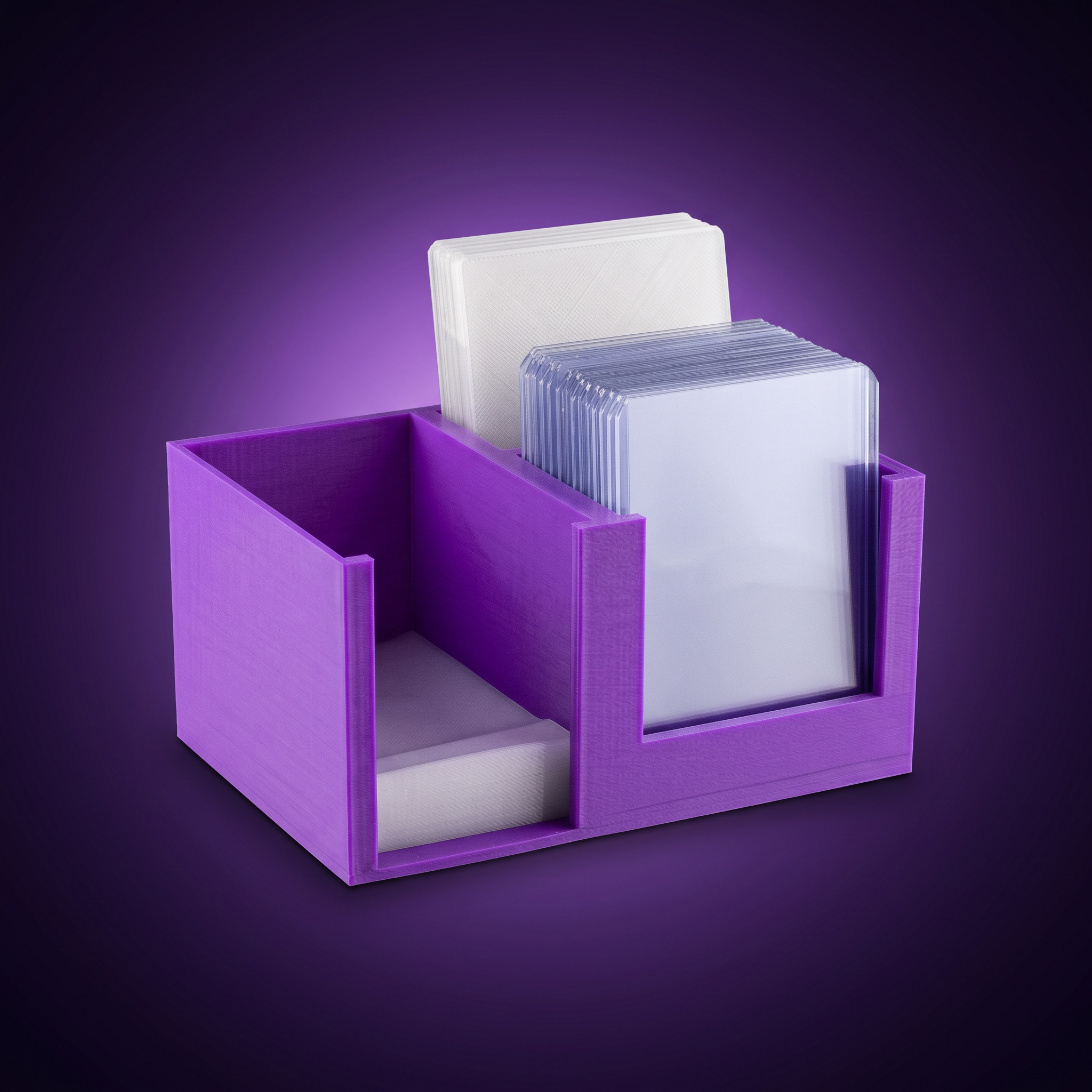 Organizador de cartas TCG, foto de estudio fondo morado