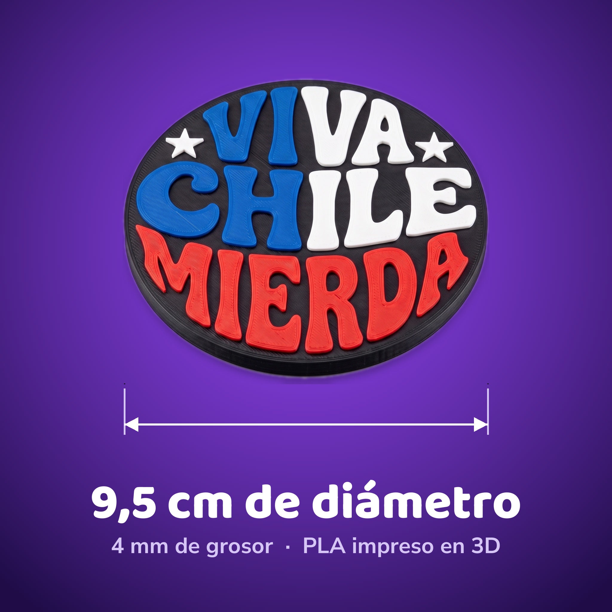 Medidas del posavaso impreso en 3D: 9,5 cm de diámetro, 4 mm de grosor, en PLA