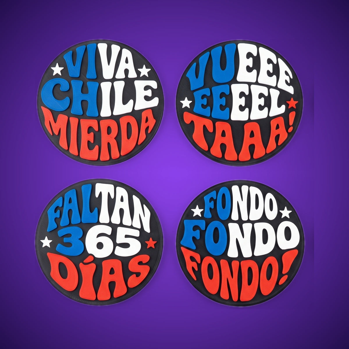 Pack de cuatro posavasos de Fiestas Patrias impresos en 3D sobre fondo morado