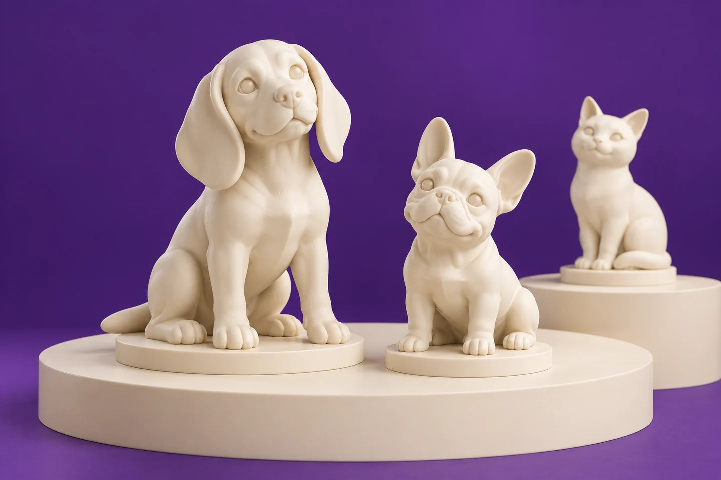 Tu mascota, hecha figura. Muestras de estilo generadas con IA. Tu modelo se prepara desde tus fotos y se aprueba antes de imprimir.